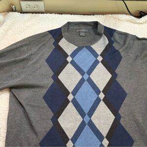Tricots St Raphael | Gray and Blue Crewneck Sweater Argyle Pattern